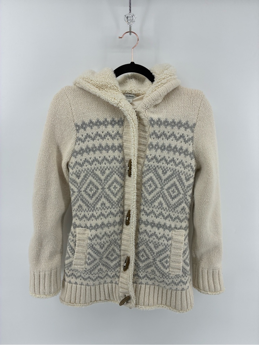 Vintage LL Bean 50% Wool Blend Hooded Nordic Knit Cardigan Sherpa